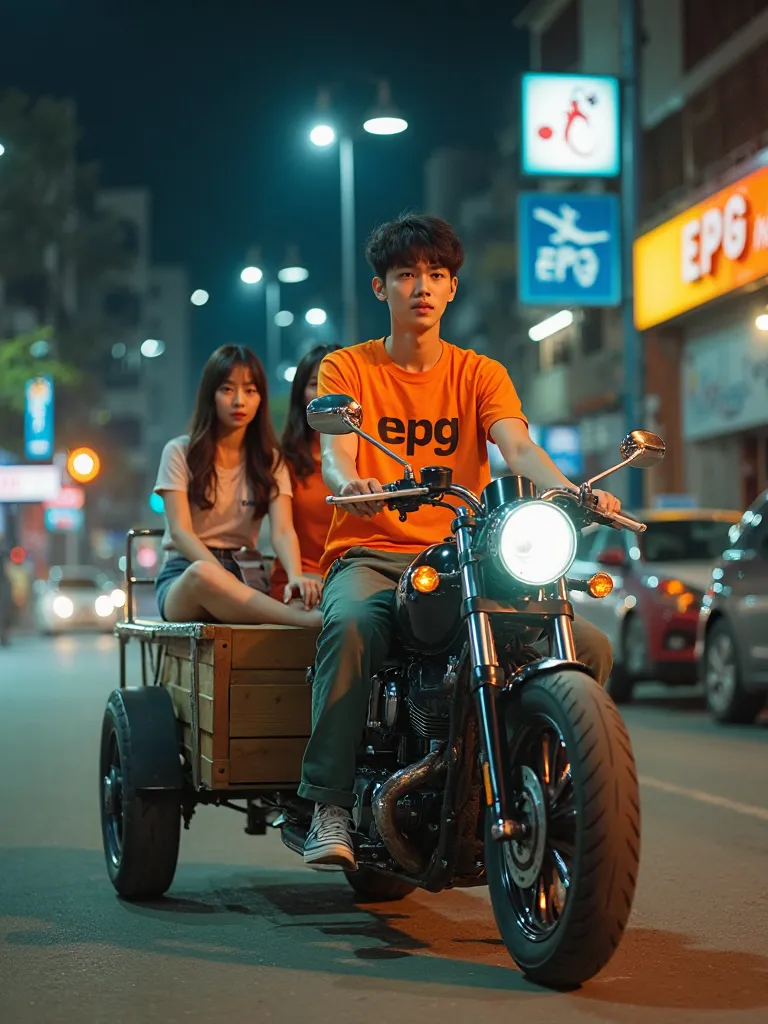 Professional photo of a handsome 20-year-old young man with a white Asian face who is riding a modified motorcycle with a cart next to him and carrying 2 beautiful white-faced Asian girls, who is wearing a t-shirt that says "EPG" matching the same color , ...