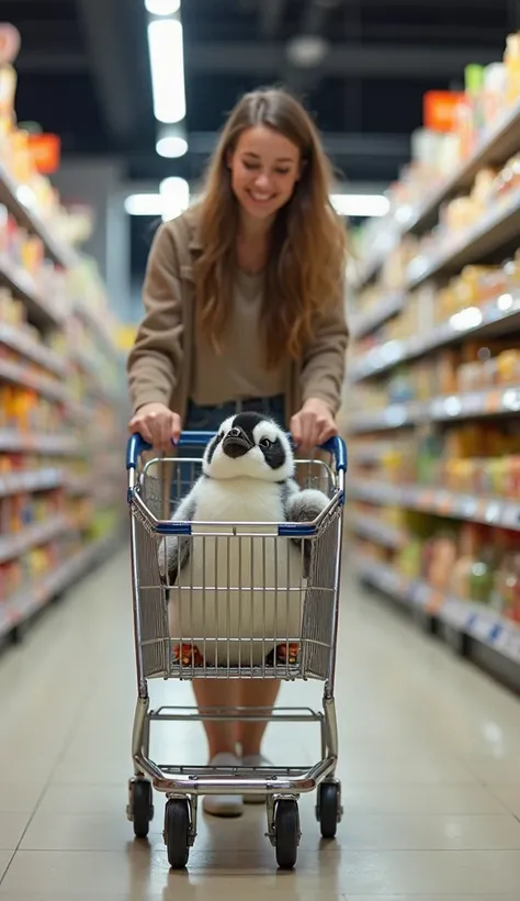 A tiny, adorable baby penguin with soft, fluffy feathers waddles excitedly inside a shopping cart, its little legs dangling over the edge. The penguin’s round, chubby body is covered in a layer of soft down, and its big, curious eyes sparkle with joy and w...