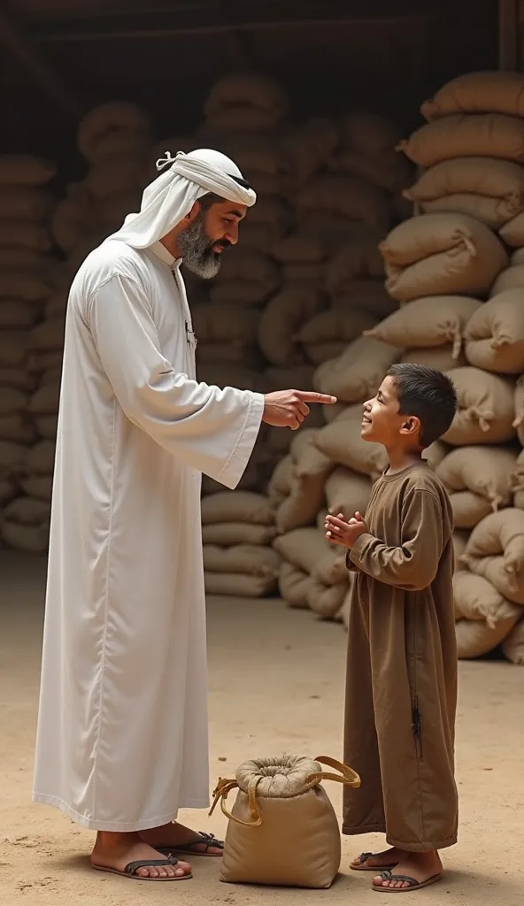 there is 1 middle-aged man facing 1  boy. 1 middle-aged man in white traditional Arabic clothing and a white headband facing a  boy wearing a shabby brown traditional Arabic clothing. the middle-aged man points his right index finger to the . the  clasps h...