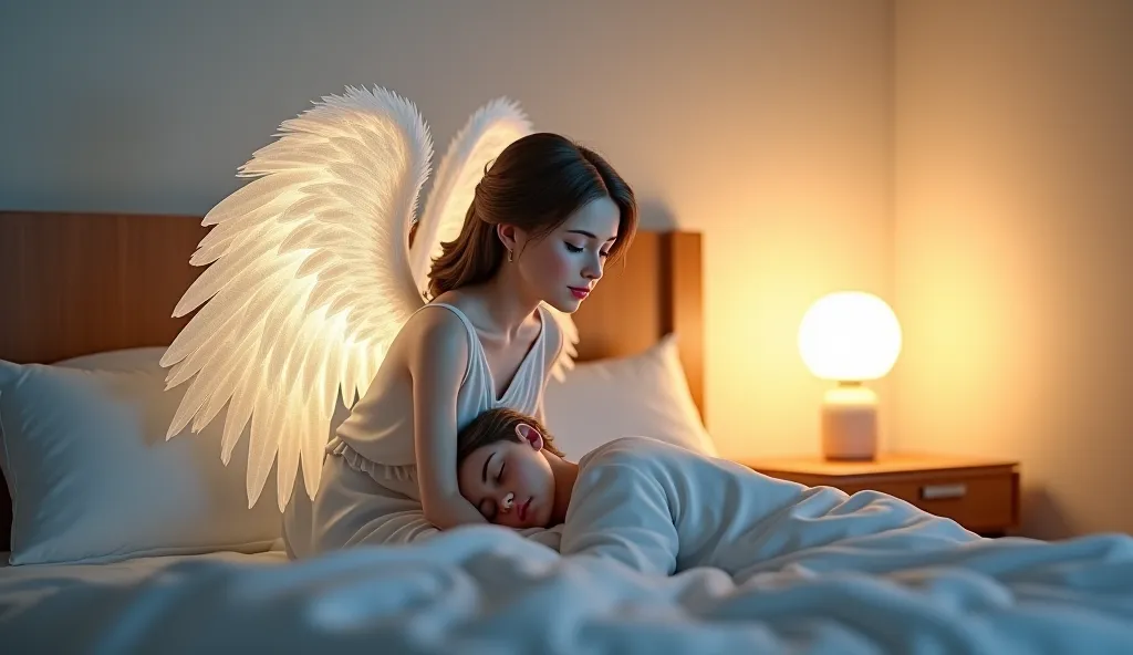 Generate A guardian angel with hands placed at the bedside of a sleeping person,Are the walls in the bedroom white, Is there a bedside table with a lamp on top,