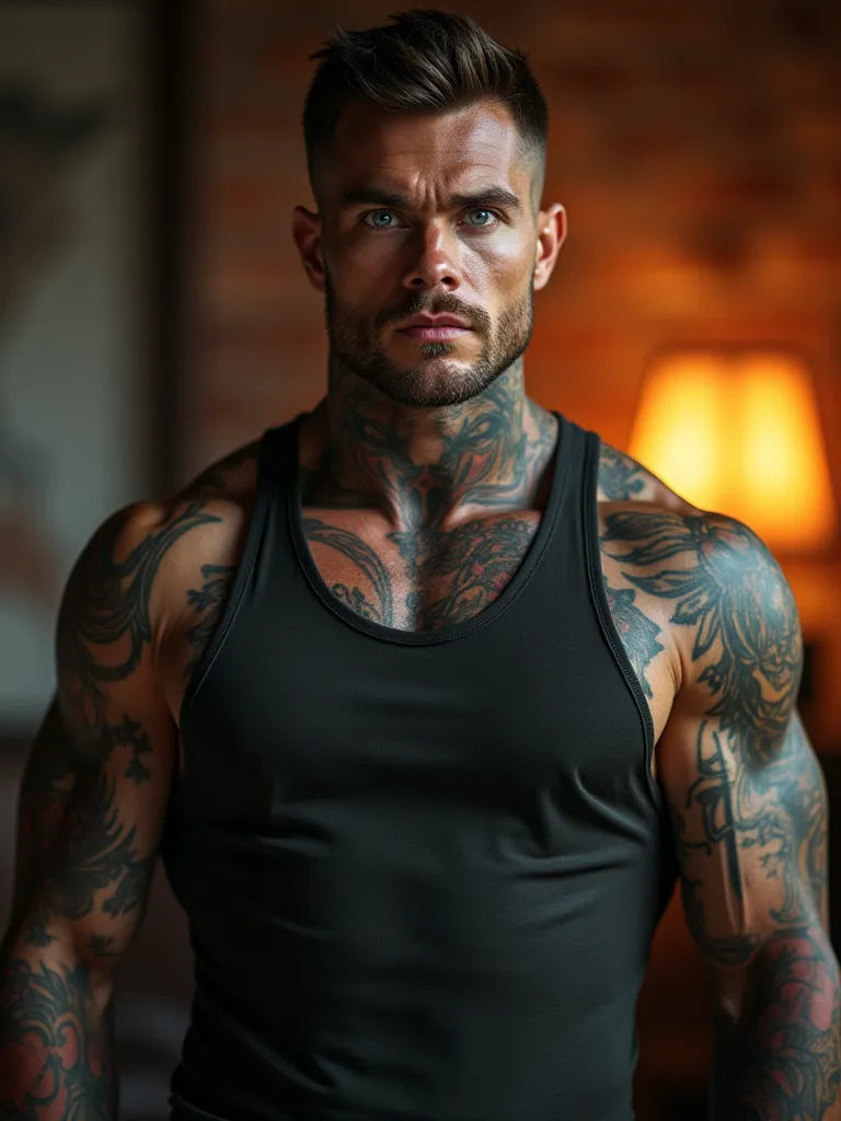 Young and attractive muscular man with a sporty build,  strong, tattooed arms , The tattoos peek out of his neck, handsome. very high, white-skinned, Use square magnifying glasses over your face,  his blue eyes, square jaw. Dressed as a soldier because he ...