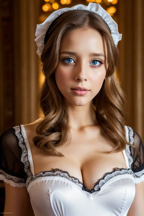 Jessica Rothe, full body view wearing french maid sexy clothes. professionally retouched, soft lighting, realistic, smooth face, perfect eyes, sharp focus on eyes, 8 k, high definition, insanely detailed, intricate, elegant. in a Eiffel Tower background.