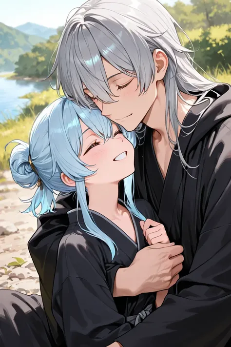 Top Quality、river、two horses、Young men and women、light blue hair tied at the top、Gray Hair、Woman hugged from behind、 black robe 、There is a landscape