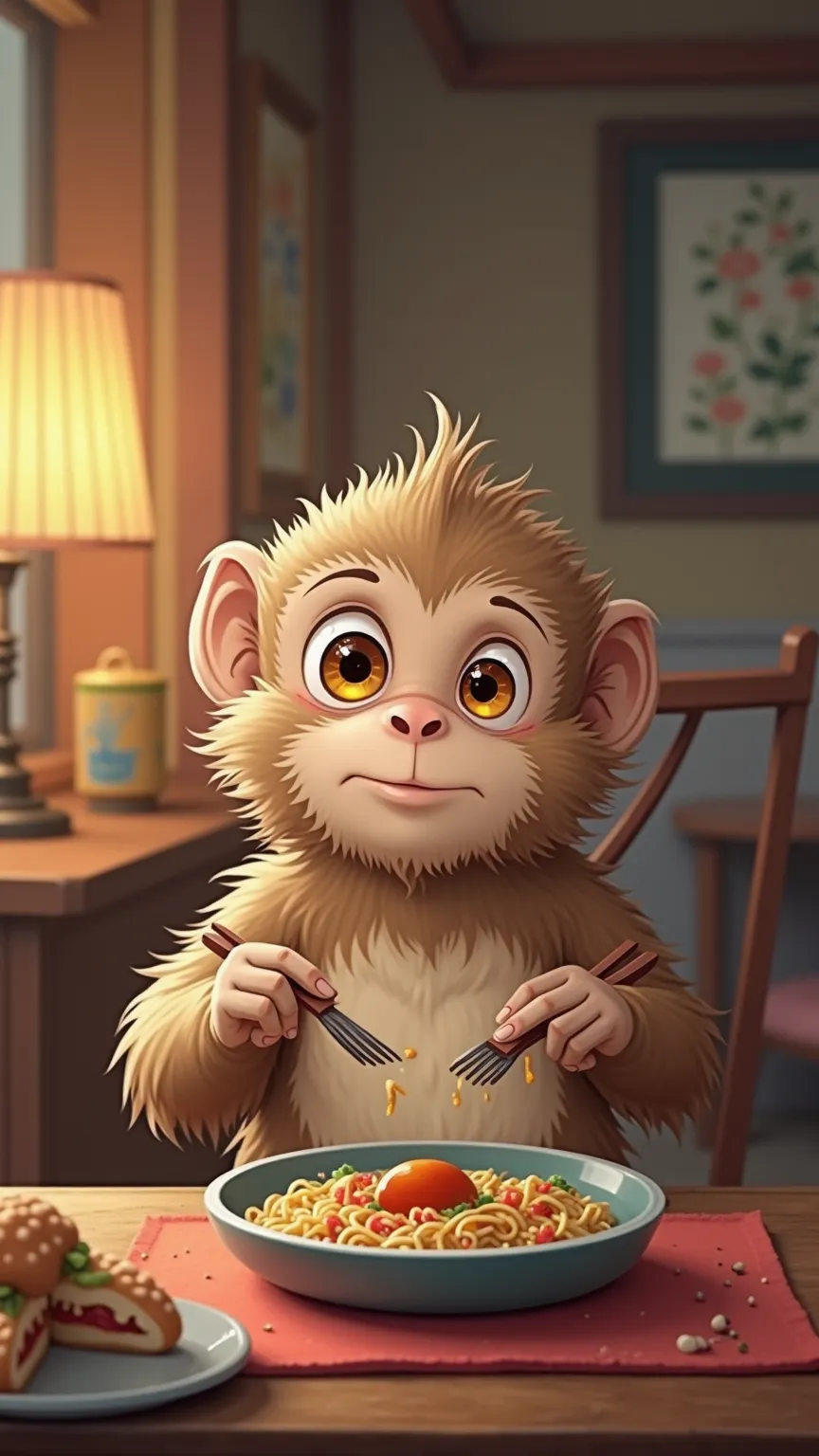 
"An adorable and comical realistic Japanese monkey, anime style, with a moody expression full of personality. Its face is round and flat,  with extremely large eyes , bright and amber-colored, conveying liveliness and mischief. He has fluffy and voluminou...