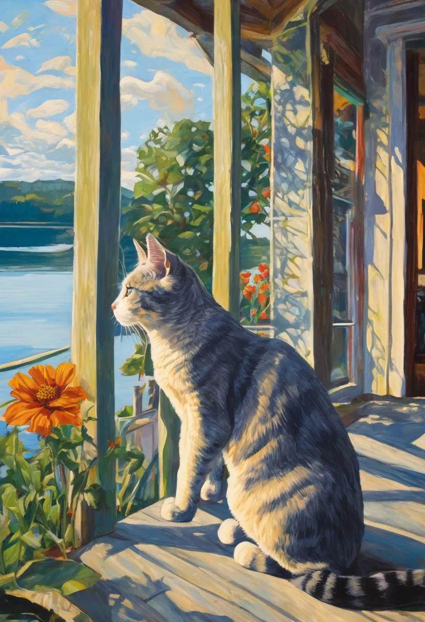  Cat Painting standing on a porch looking out at a lake, Alasdair Gray, CG Society Contest Winner,  Naive Art, a  Cat Painting,  Cat Painting, in a  Cat Painting, Cat Oil Painting,  cat portrait , Cat masterpiece, As a painting , Majestic Painting, A Quiet...