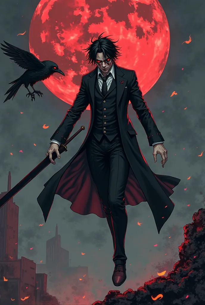 A man with black hair, red eyes, wounded faces and blood is making an angry appearance, smoking in a black suit with a big sword, with his right arm that is a puppet arm, is jumping from a height, while fighting demons, as at night, a red moon, and there i...