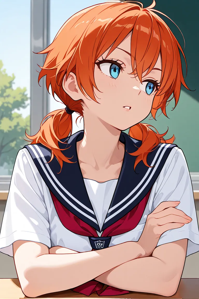 school girl uniform, redhead, orange hair, low twin tails, blue eyes, tomboy, bored expression, arms crossed, parted lips, day time, close up, sighing, looking to the side