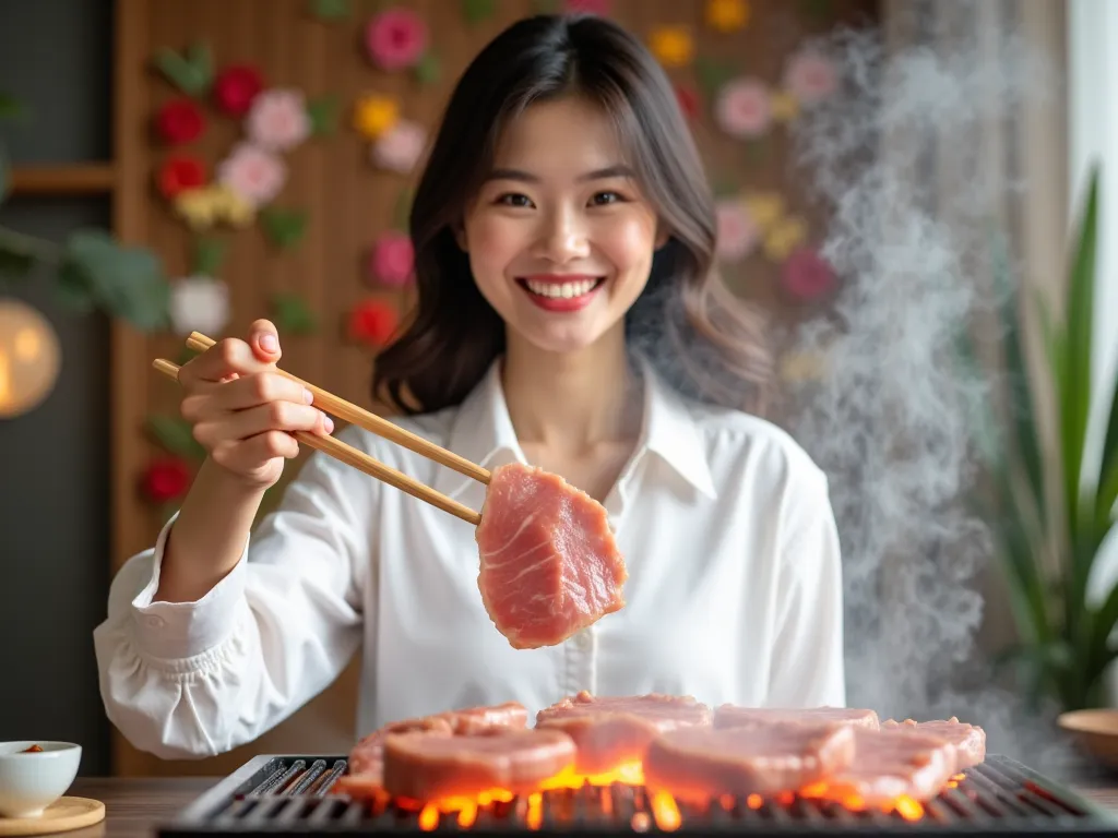 A cheerful young Asian woman , wearing a white blouse. She is holding wooden chopsticks and lifting a fresh thin slice of pork over a sizzling Korean BBQ grill. The grill is filled with perfectly seared pieces of meat, and steam rises dramatically. The bac...