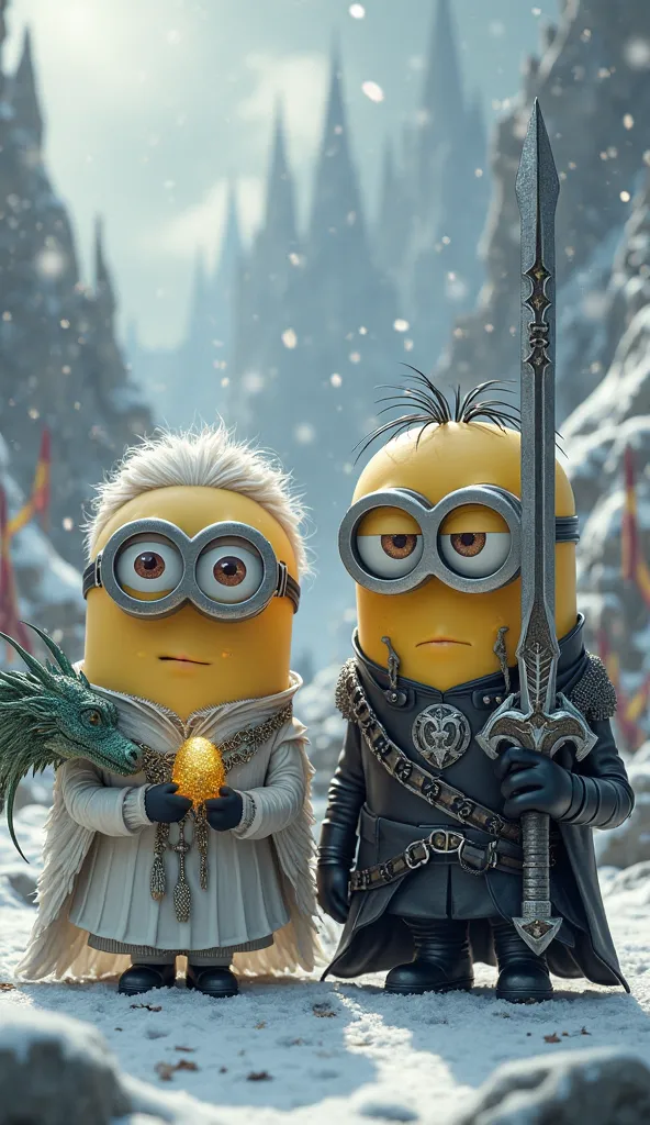 "Two Minions stylized as Game of Thrones characters, an inspired by Daenerys Targaryen and another in Jon Snow, but both keeping his characteristic yellow skin. Minion Daenerys wears a long white and silver dress, leather cover with dragon details and a de...