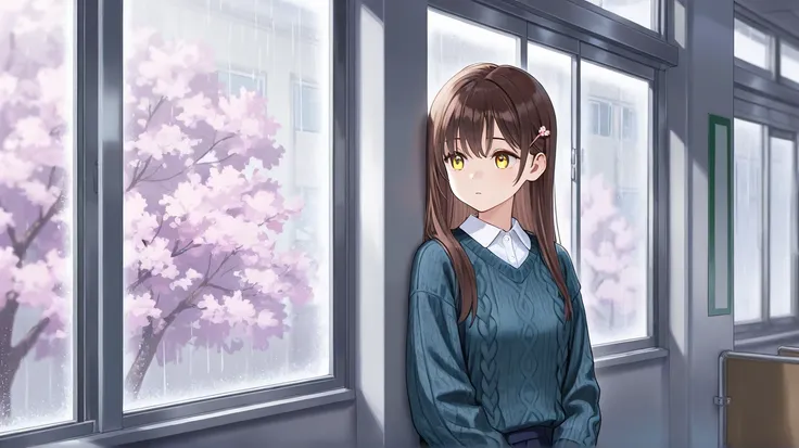 Girl, brown hair, long hair, straight hair, cherry blossom hairpin, white shirt, navy blue knit sweater, long sleeve knit sweater, yellow eyes, anxious, school corridor, window, outside it's raining,