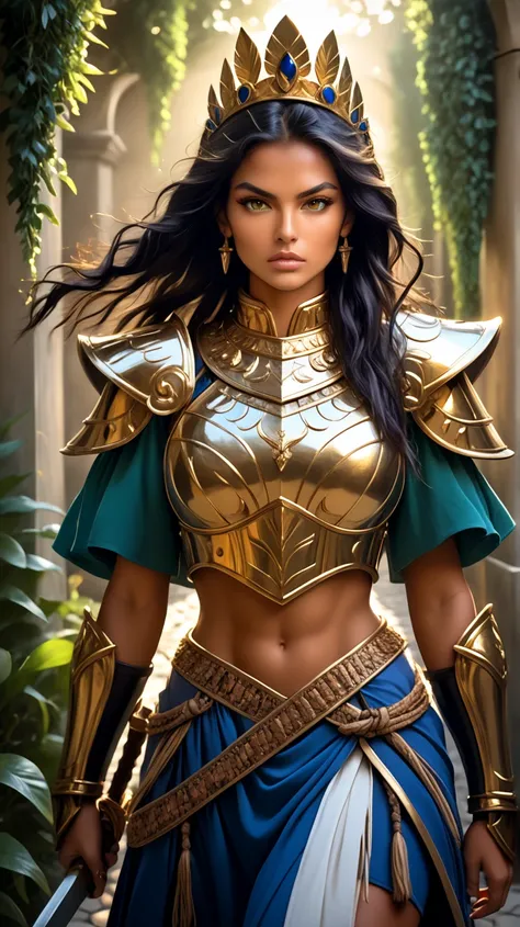 A young, tall, imposing Brazilian Guarani indigenous woman warrior, wearing shiny bronze armor that highlights her strong, feminine muscles. Her face is of rare beauty, with elegant features and an expression of determination and strength. Her skin is ligh...