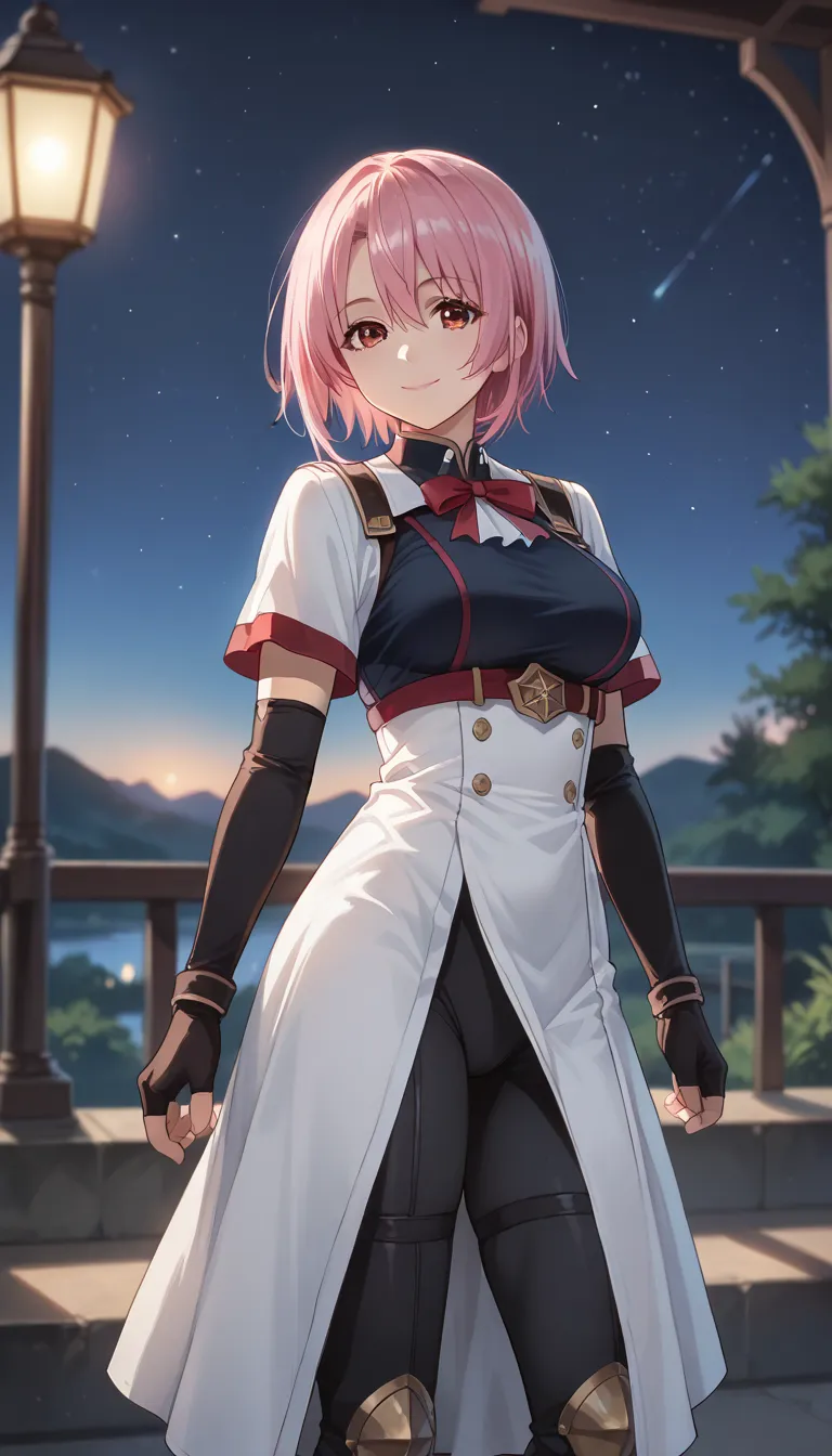 score_9_up,score_8_up,score_7_up,TL_XTL,1 girl,Alone,smile,pink hair near MM, Viewerを見る,short hair,closed mouth,red eyes,  cowboy_shots,masterpiece, absard dress,  latest, 1 girl, C-le , black unitard  , black knee-high socks, elbow gloves , fingerless glo...