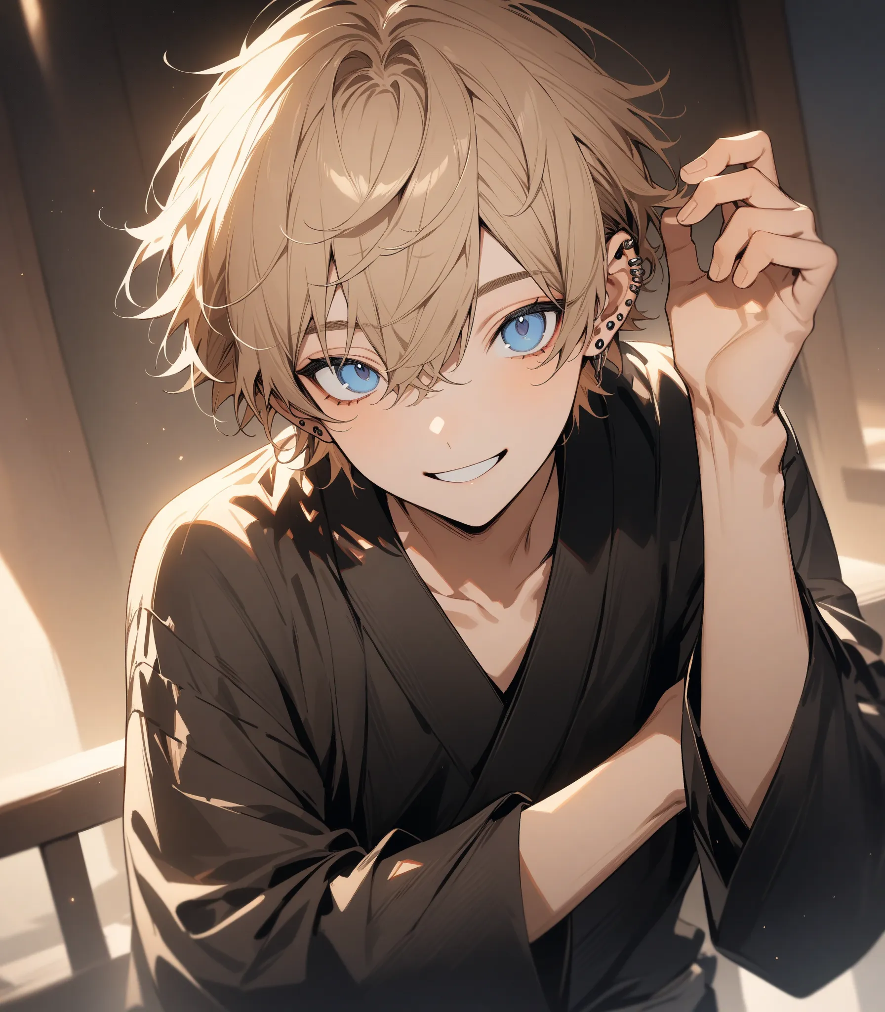   single, neutral boy, Short Hair, hair covers my left eye, Light brown hair, blue eyes, black kimono, Multiple Piercings,smiles,(Top Quality,masterpiece)