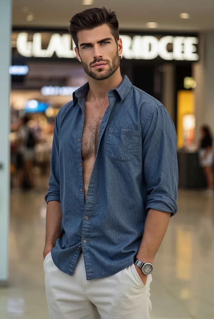 handsome man, Caucasian  , green eyes,   marked jaw, dark brown hair, barba leve, well-defined facial features,   athletic body design., wearing blue printed shirt, linen shorts and casual sneakers, em pe na entrada do Shopping Goldenridge.
 masterpiece, U...