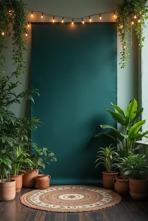 A photorealistic rendering of a bohemian-style interior scene. A large, dark teal backdrop hangs on a wall, flanked by numerous potted plants of varying sizes and types, creating a lush, green atmosphere. The plants are arranged asymmetrically around a pat...