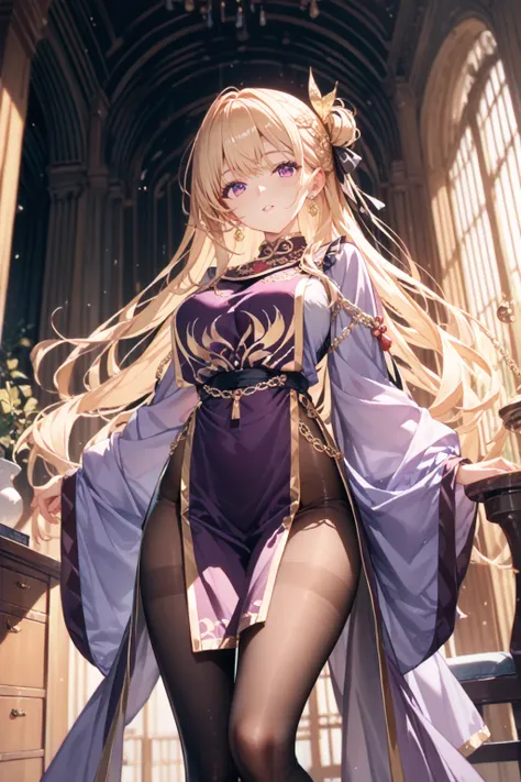 score_9, score_8_up, score_7_up, source_anime, highquality illustration, masterpiece, very delicate and beautiful, attractive girl, beautiful eyes, ((She wears purple dress, gold headress, hair ribbon, tabard, black pantyhose, gold chains)), indoors,