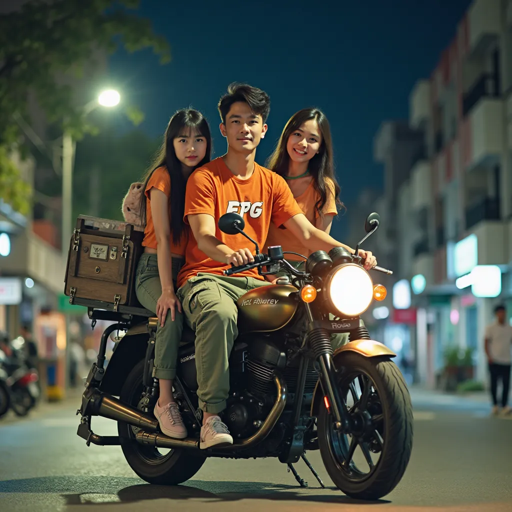 Professional photography of a handsome 20-year-old young man with a white Asian face riding a modified motorcycle with a cart on the side and carrying 2 beautiful white-faced Asian girls, who is wearing a t-shirt that says "EPG" matching the same color , a...