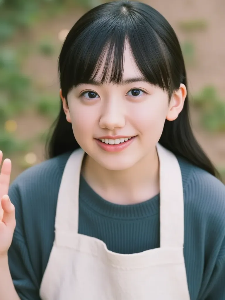 elementary school girl wearing an naked apron, upper body, ((from above, high angle, higher angle, looking up)), (10yo girl, small chest:1.3), park