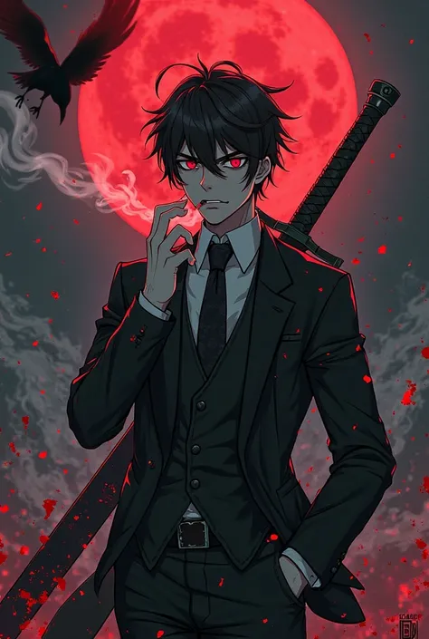 A man with black hair, red eyes, wounded faces and blood is making an angry appearance, smoking in a black suit with a big sword, with his right arm that is a puppet arm, is jumping from a height, while fighting demons, is at night, a red moon, and there i...