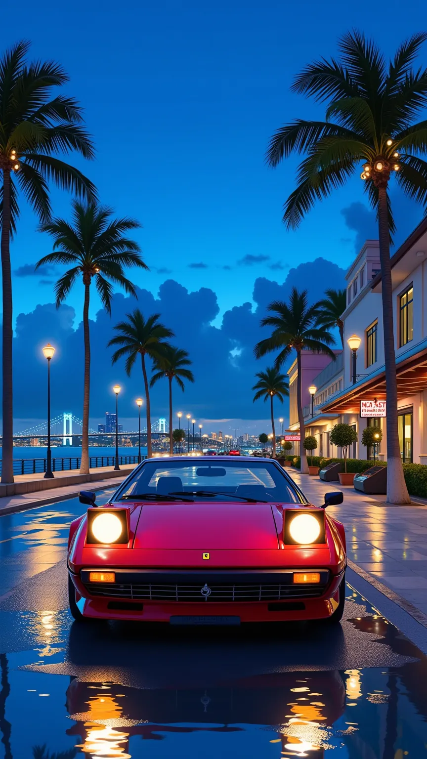 A breathtaking pre-dawn scene of a  "Miami's Ocean Drive, a palm tree-lined street." area during the magical hour of dawn, featuring a dreamlike sky. In the distance, the illuminated Bay Bridge can be seen. The wet pavement after the rain enhances the atmo...