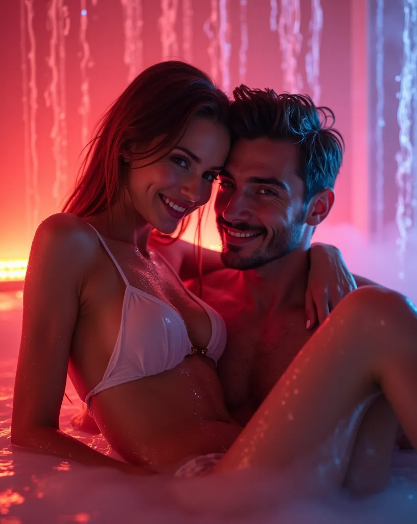 Vibrant colors radiate from the steamy glass bathroom shower as a stunning 24-year-old Ukrainian brunette model lies effortlessly on her back, wrapped legs straddling a handsome 30-year-old Caucasian man with a quiff hairstyle and trimmed beard. Her porcel...