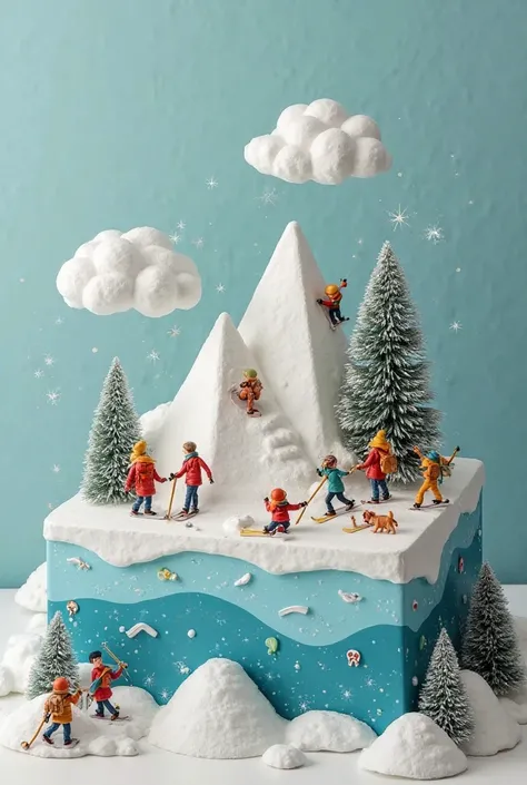 "A whimsical world where tiny adventurers explore the 'Labneh Mountains' on a container measuring 15 cm × 10 cm × 5 cm. Rectangular box Some are climbing using ropes and ice picks, while others ski down the smooth, creamy slopes. The details of the adventu...