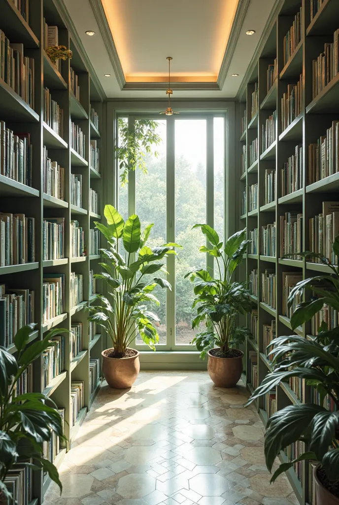 Provide me narrow library. It should consist of green, white and little bit of gold. Put some plants in it.
