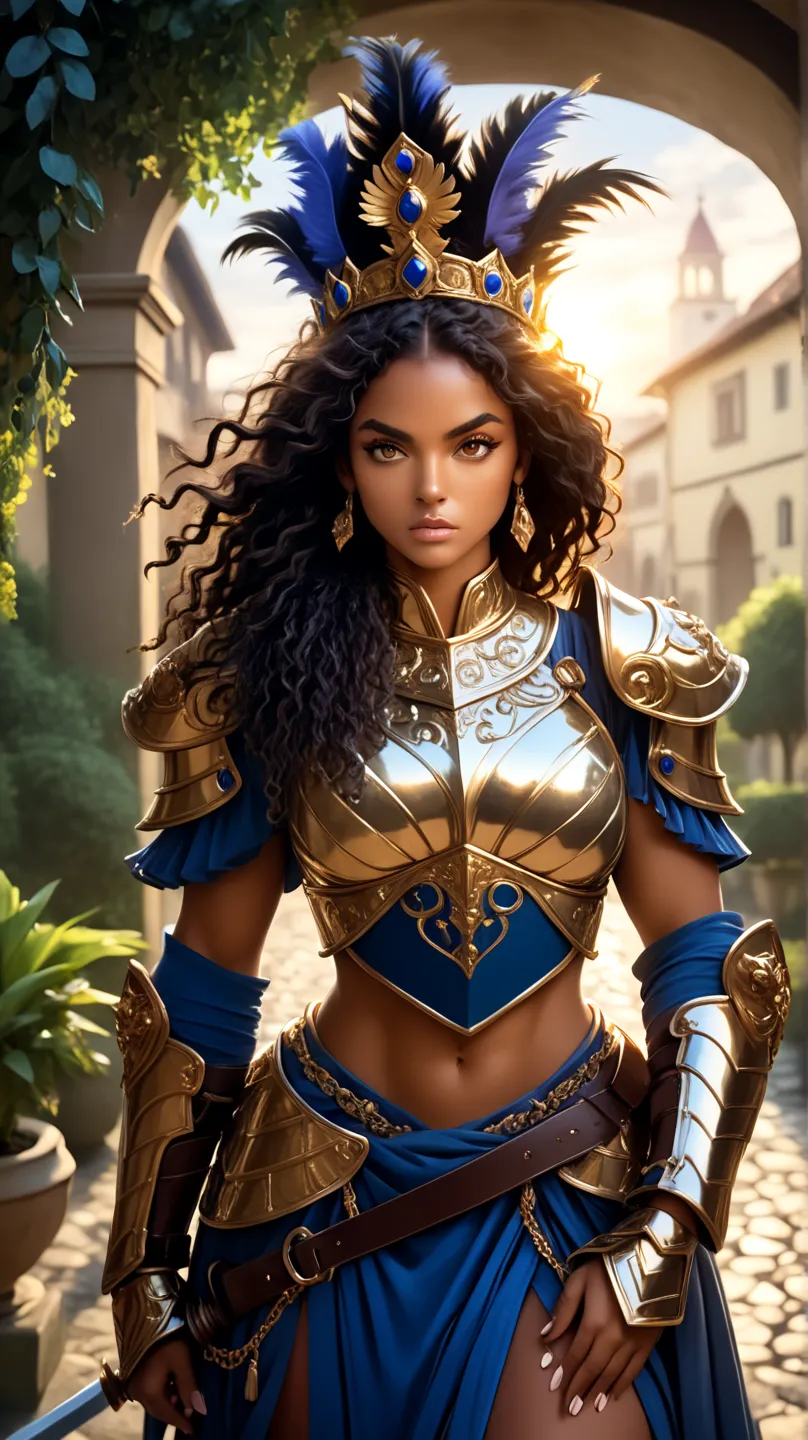 A young, black Brazilian warrior woman of tall, imposing stature, wearing shiny bronze armor that highlights her strong, feminine muscles. Her face is of rare beauty, with elegant features and an expression of determination and strength.
Her skin is a ligh...