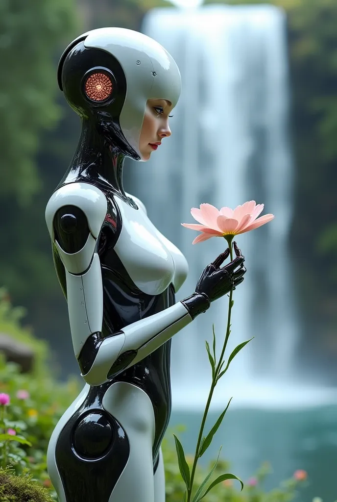 The female robot has a flower with the ears stand near the waterfall