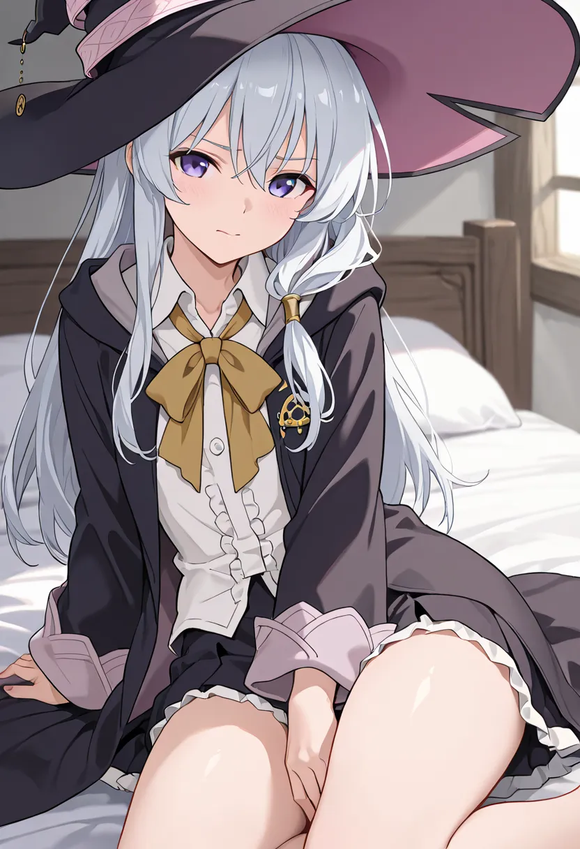 masterpiece, best quality, 1girl, elaina_(majo_no_tabitabi), silver hair, purple eyes, long hair, hat