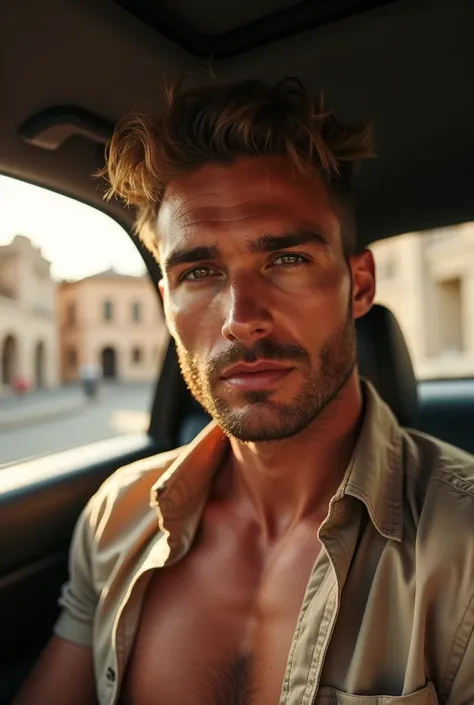 Theo james inside a car in italy rome. Shirtless from the heat. Selfie.