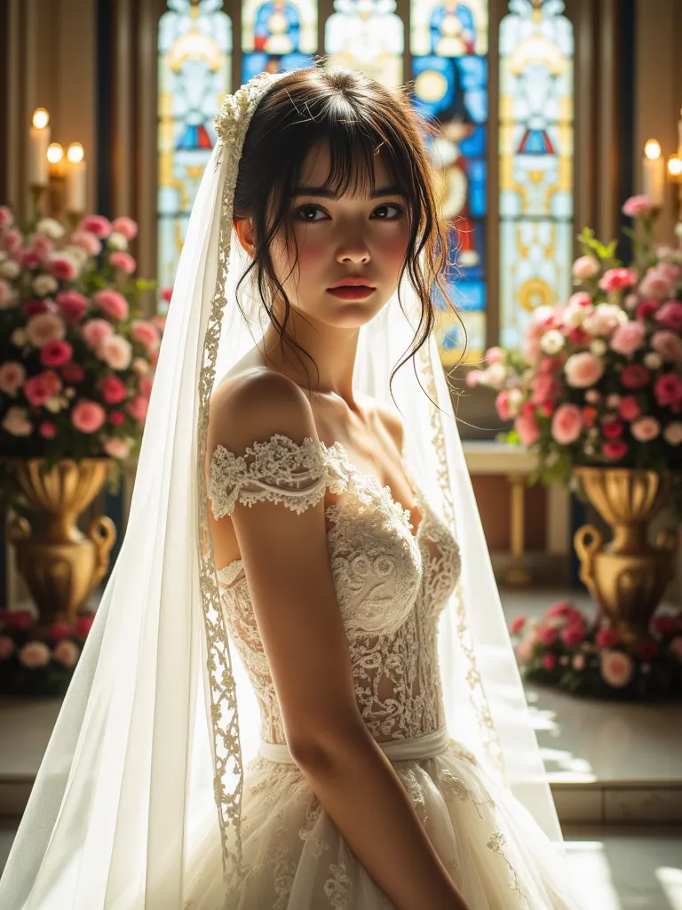  Pretty Woman Dress, Masterpiece Art, high resolution, Sonic Age_Reas_Gremory, wedding dress_dress, church, Bridal Veil, Wedding Ceremony, bunch of flowers, Details, 8k, HDR, UHD, Exquisitely detailed decoration, Colorful, Blur background