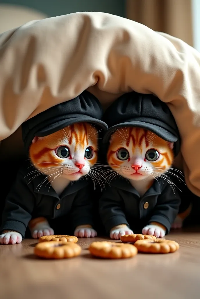 a kitten and a human baby dressed in black clothes and spy hats, hidden under the bed with stolen cookies and smiles 
