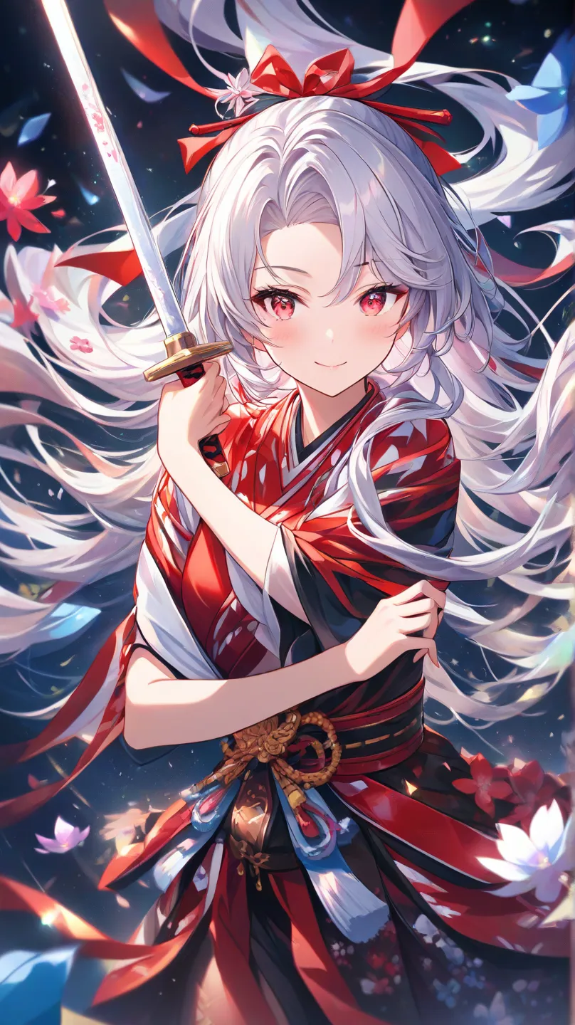  (masterpiece), ( Top Quality ), ( very detailed),(),(illustration), ( 1 girl)  gently staring ,   Scarlet Eyes with Beautiful Details（wink、close one eye） Delicate beauty,  colorful scattered flowers (Shine),  focus on the face, bungs, flowing hair with ha...