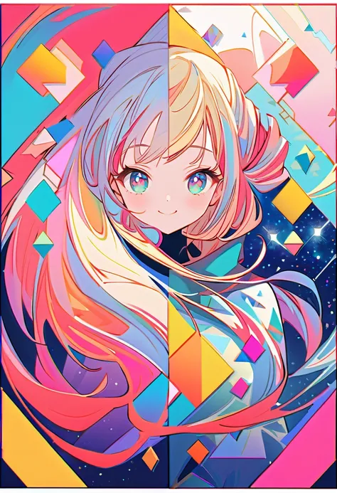 Seamless geometry，blank background，Geometric puzzle style，cute girl, shining eyes, ,  hapiness，cute smile，flowing hair，Light blue geometric pattern yukata，There are colorful geometric shapes around，Vibrant colors，Sparkling fireworks in the background，Color...