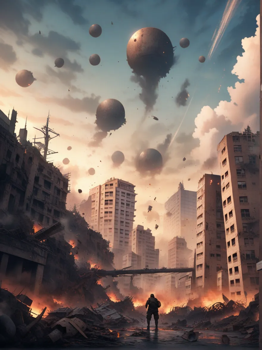 Apocalyptic scenario , with buildings falling in the background and bombs falling from the sky