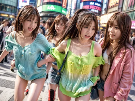 "1990s Shibuya scramble crossing shot of Japanese twin idol sisters in matching trendy outfits, slightly blurred motion capturing the energy of the crowd."