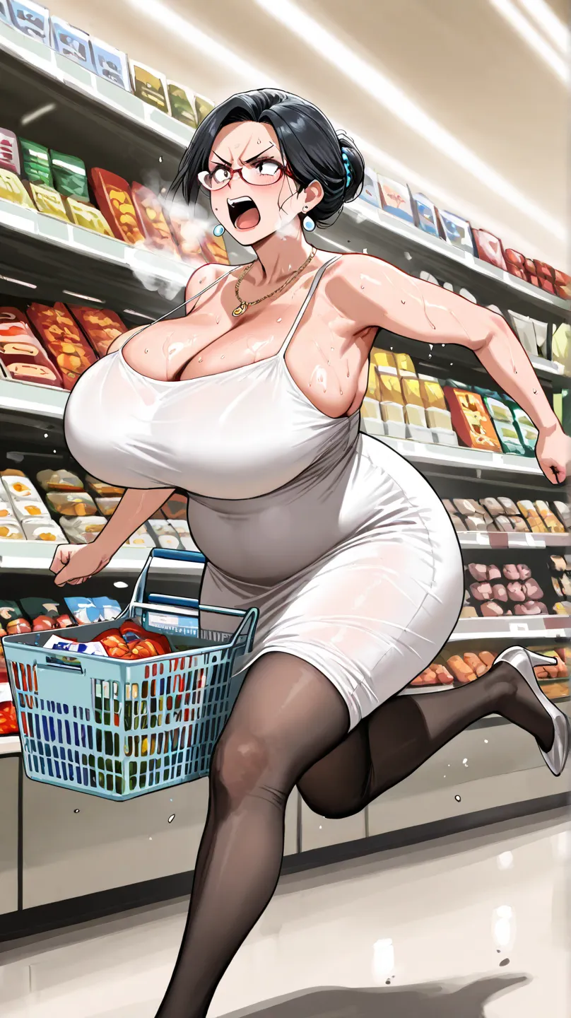 Best Quality 8K Photos, 60 years old , Sexy mature older woman , wear glasses ,HAIR BUN BLACK HAIR  ,full of fat flesh ,  super huge breasts  , Tight Transparent White Dress Dress , Black Stockings , high heels , running , Portable Shopping Basket , Signif...