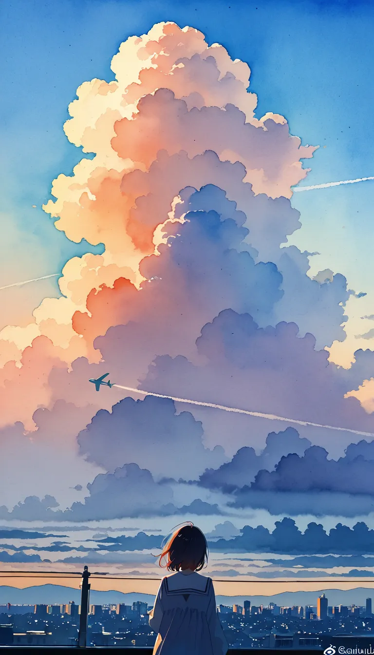   watercolor、cat、 city center、Cumulonimbus、 Blue sky、 airplane clouds ,a girl，Reach out to the sky