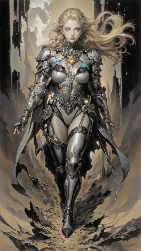 full body, Female Knight，fear ，sci-fi，future，armor，sexy，long golden hair，Wayne Reynolds draws，in a highly detailed and dynamic style, 