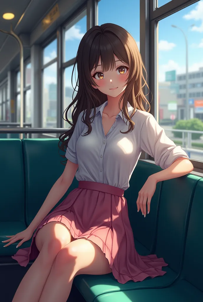 hot anime girl siting in a bus wearing shirt and skirt. hot