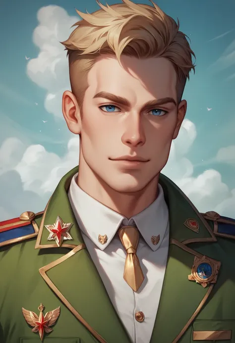 (masterpiece, best quality, super detailed, best shadows), (detailed background,) sci-fi liberator captain blond young strong confident strong healthy strong military uniform man