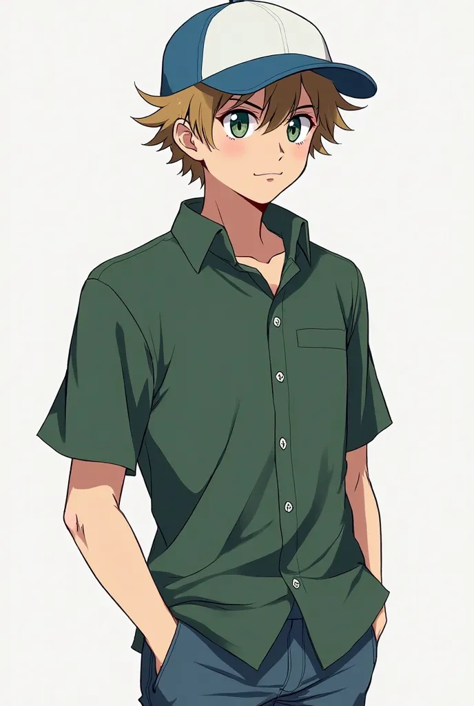 Create the image of an adult male Fisherman who is thin and thin, has short messy light brown hair and wears a cap. anime style. Dark green blouse and jeans. WHITE CAP with Blue brim.  30 years old. Pokemon anime style 