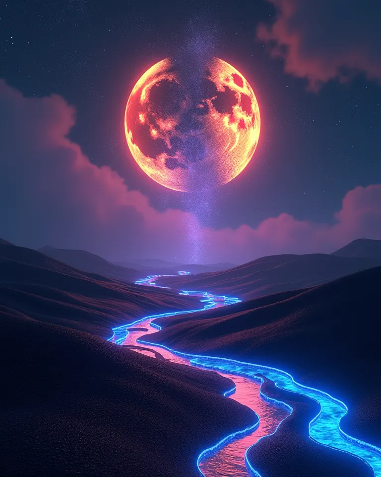 surreal landscape entitled 'Another Side of the Bounder'. The scene reveals an infinite desert of brilliant black sand, cut by blue and red neon rivers that meander to the horizon. IN THE SKY, two moons fragmented in shades of amethyst and gold collide gen...