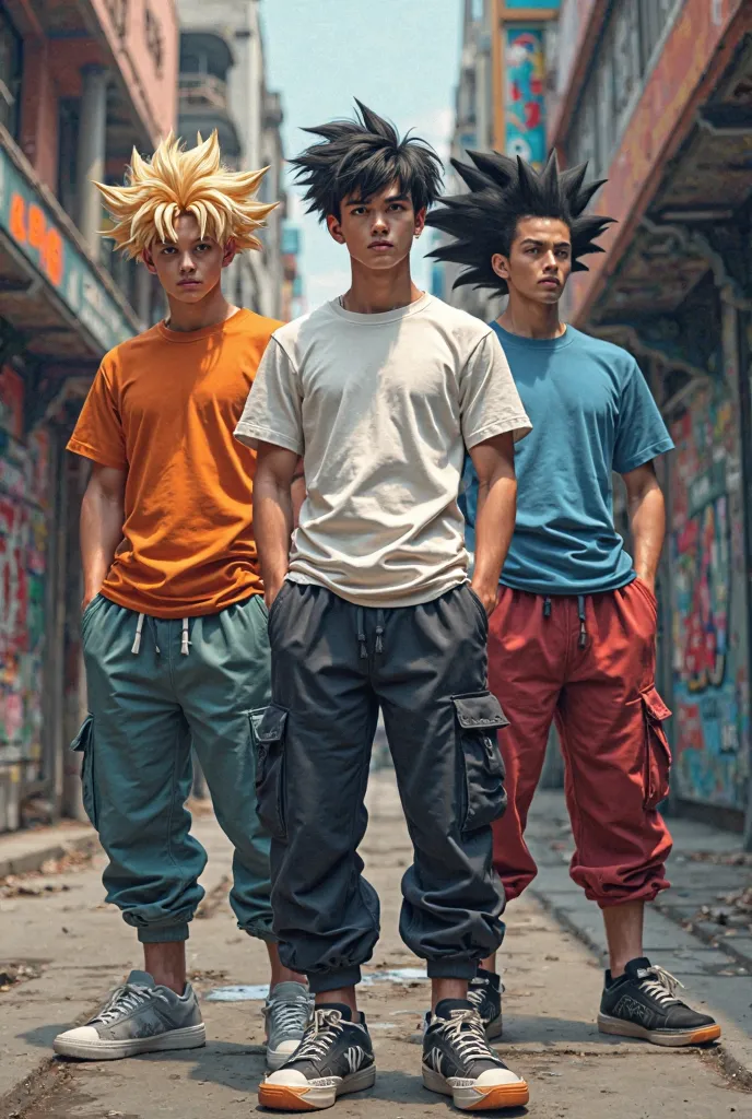 all dragon ball characters wear t-shirts and cargo pants, become plain t-shirt models, street background