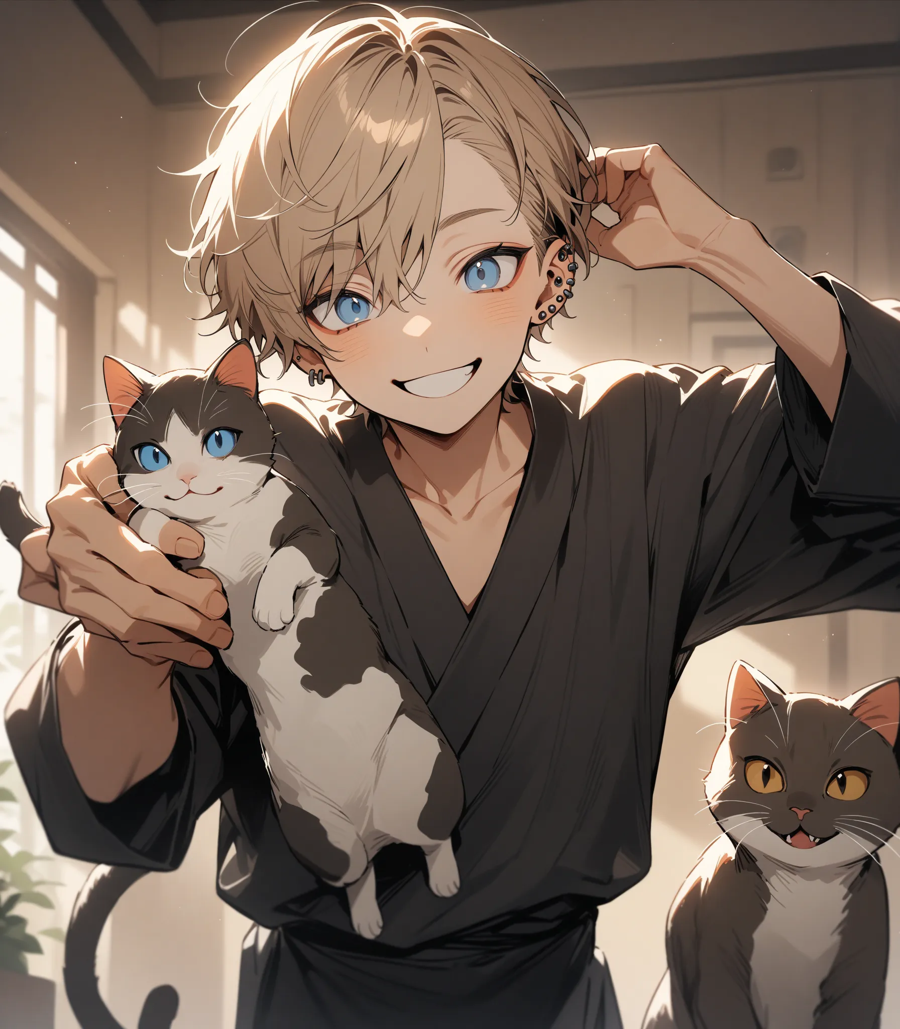   single, neutral boy, Short Hair, hair covers my left eye, Light brown hair, blue eyes, black kimono, Multiple Piercings,smiles,Imitating a cat,One,(Top Quality,masterpiece)