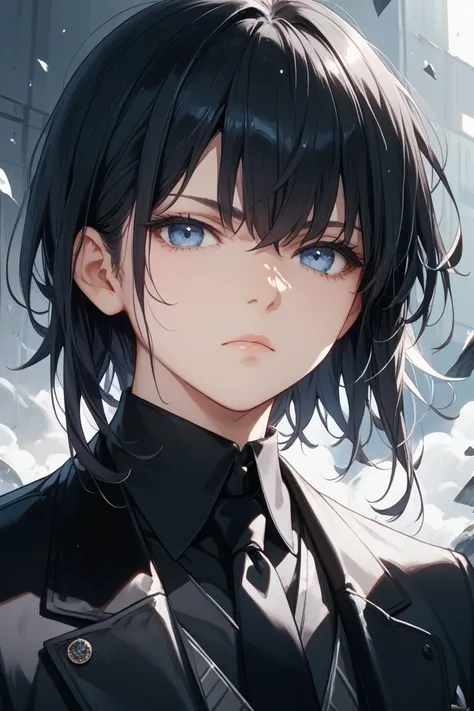  black hair、Long centre part、Cold Stare、expressionless、Longer bangs、black suit、 black shirt、black tie、wearing black gloves、Blue Eyes、Late 20s、 cool impression。dark underground parking background。