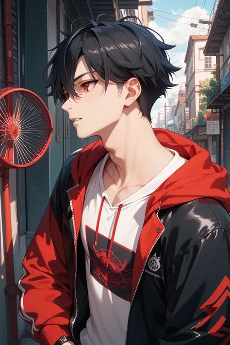 hoodie boys、Red eyes、Hair black hair with red mesh