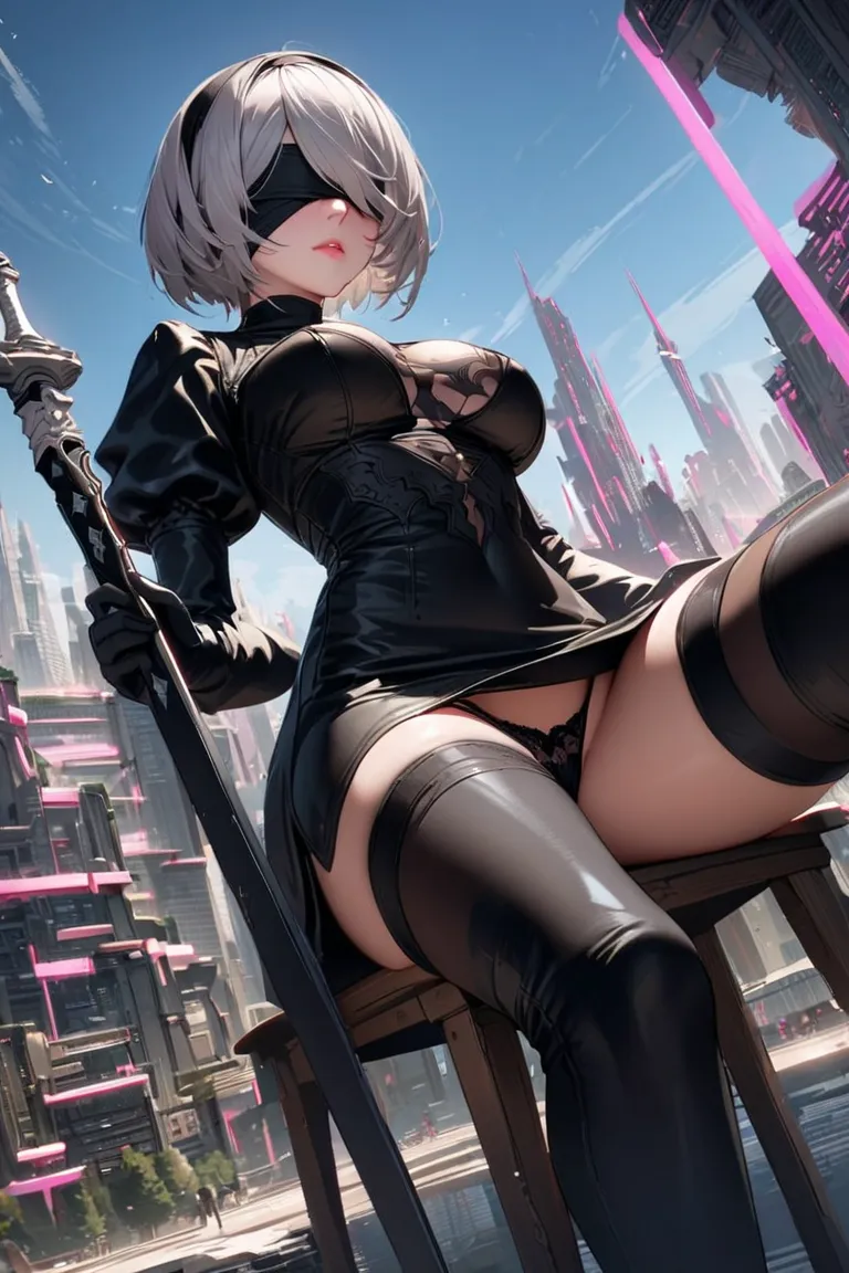 
Super detailed, High resolution, Absurd, High resolution, 2b, Nier Automata, Gray Hair, Blindfolded, Very beautiful, Only one adult female, Pink ruined future city, Black clothes, sitting cross-legged on a chair, Black panties are visible, Holding a long ...