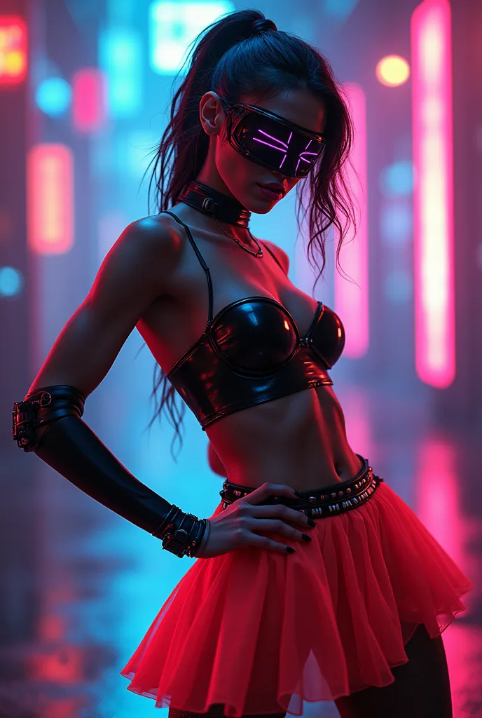 A ciberpunk  woman in an extroverted position wearing a mask wearing a neon fluorescentes      skirted boottom suit 